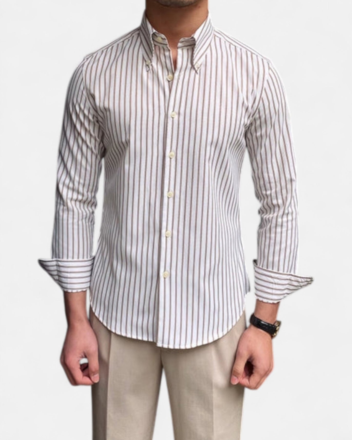 Bradley – Classic Striped Cotton Casual Shirt - Brown - M - OldMoney - Fashion