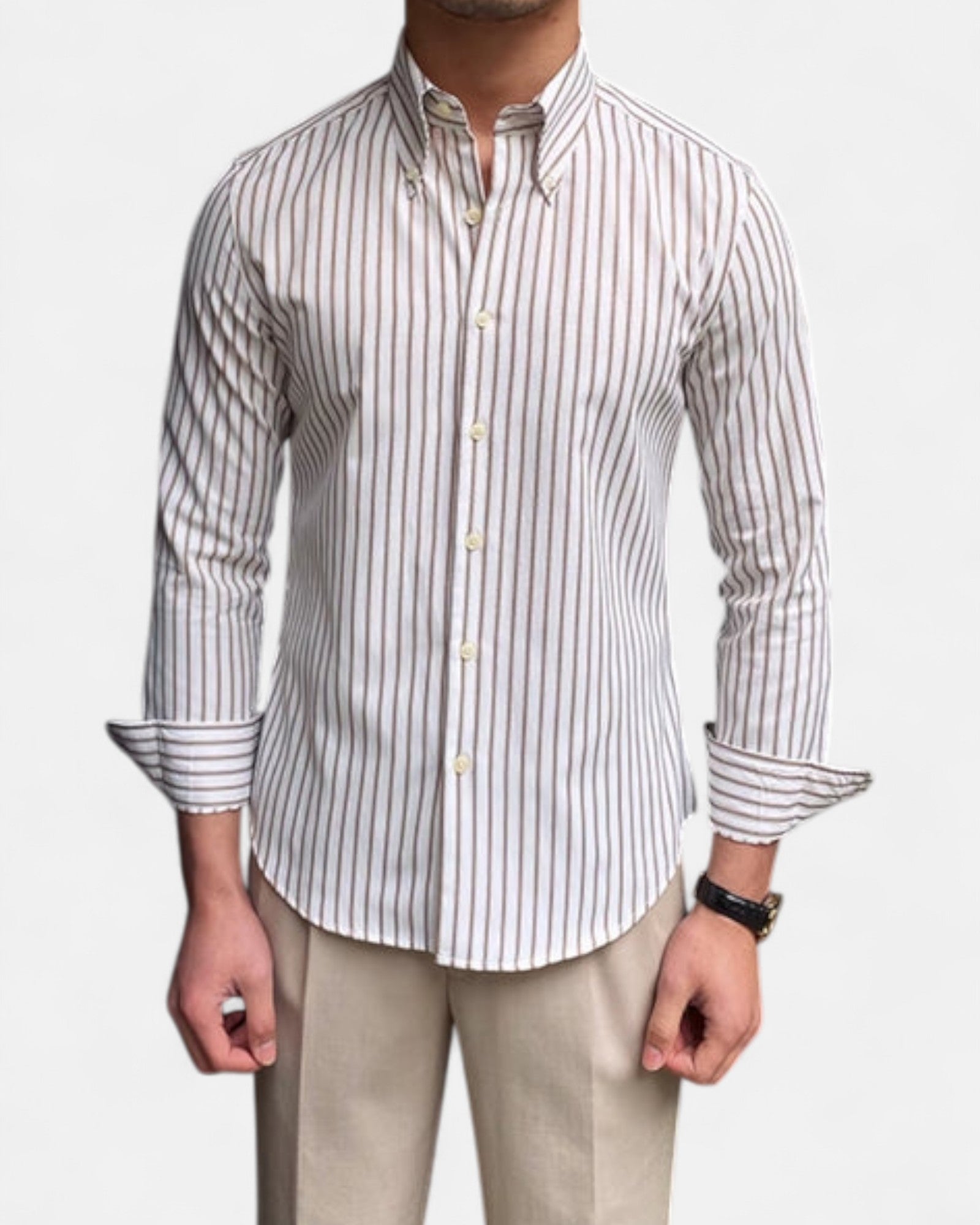 Bradley – Classic Striped Cotton Casual Shirt - Brown - M - OldMoney - Fashion