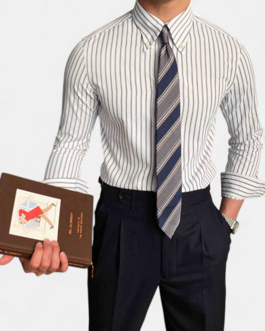 Bradley – Classic Striped Cotton Casual Shirt - Grey - M - OldMoney - Fashion