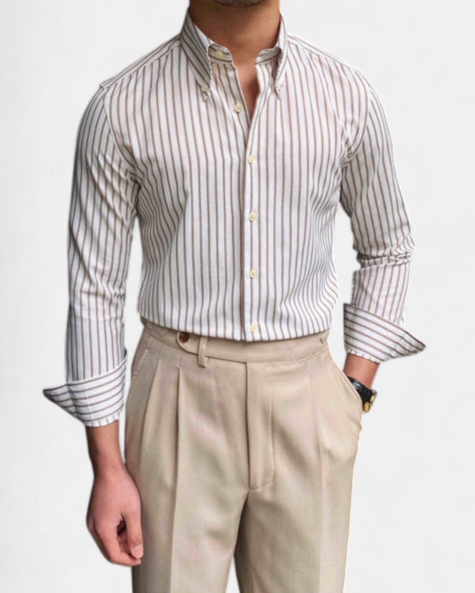 Bradley – Classic Striped Cotton Casual Shirt - Brown - M - OldMoney - Fashion